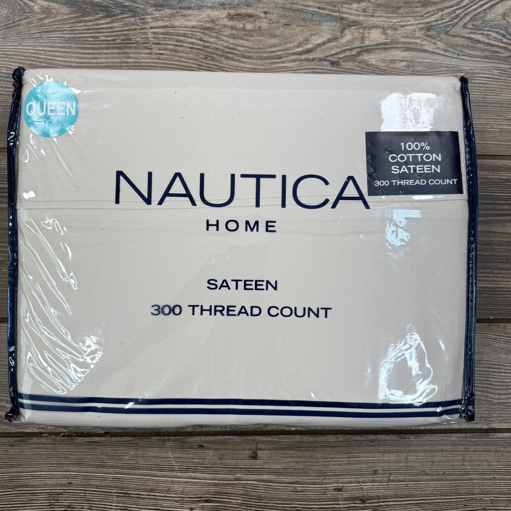 Nautica 4-Piece Queen Sheet Set 100% Cotton 300 Thread Count Solid Beige NEW